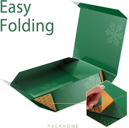 PACKHOME 6 Christmas Gift Boxes 13x9.7x3.4 Inches, Large Gift Boxes with Lids, Sturdy Shirt Boxes with Magnetic Lids for Wrapping Gifts (Green Snowflake Pattern)