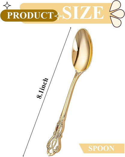 150PCS Gold Plastic Spoons - Gold Spoons Disposable - 8.1 Inch Heavy Duty Plastic Silverware - Heavyweight Elegant Disposable Utensils for Catering, Parties, Dinners, Weddings