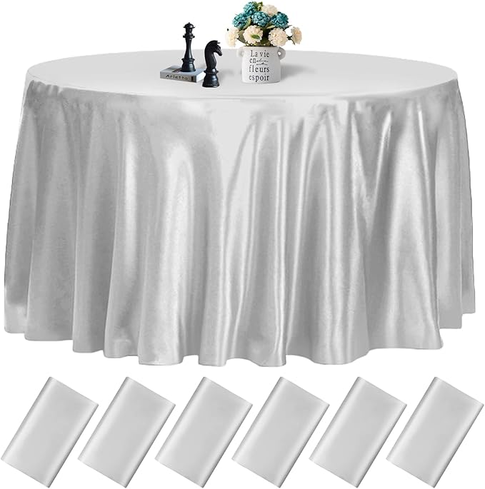 fani 6 Pack 120 Inch Sliver Round Tablecloth - Premium Silky Satin Tablecloth Overlay Smooth Fabric Table Cover Linens, Table Decoration for Wedding Party Banquet Events Restaurant Kitchen Dining