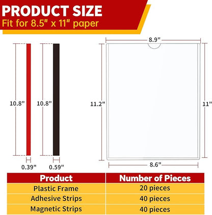 Magnetic Sign Holder 8.5 x 11 - Clear Plastic Frame for Refrigerator, Rigid Paper Holder for Picture Document, Adhesive Frames for Wall Window Door Sign 20 Pack