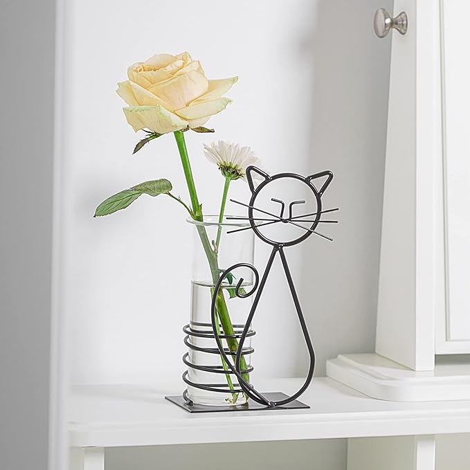 Marbrasse Desktop Glass Planter Hydroponics Vase,Planter Bulb Vase with Holder for Home Decoration,Modern Creative Cat Plant Terrarium Stand, Scindapsus Container (Lovely Cat)