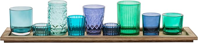 Creative Co-Op Wood Tray with 9 Blue & Green Glass Votive Holders