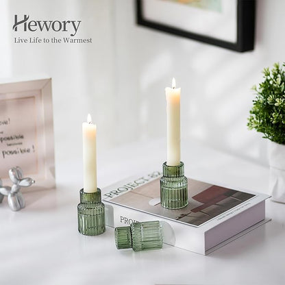 Hewory Glass Taper Candle Holders: 2PCS Green Vintage Candle Holder Candlestick Holders Bulk, Ribbed Glass Candle Holder Candle Sticks Holder Decor for Table Centerpiece Wedding Christmas Home Decor