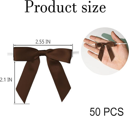 50Pcs Brown Twist Tie Bows for Gift Wrapping 2.5" Satin Ribbon Bow for Treat Bags Balloons Birthday Party Favors Wedding Decorations