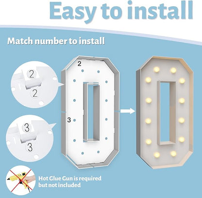 4FT Marquee Light Up Numbers 0,Party Decoration Large Marquee Light Up Letters with Weighted Water Bag,Pre-cut Foam Board Set Can Be Used for Birthdays,Weddings,Baby Anniversaries
