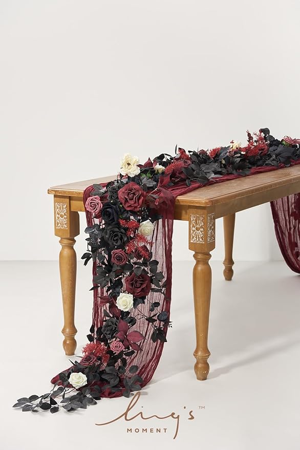 Ling's Moment Flower Garland - 6FT Eucalyptus & Rose - Sweetheart Table Decor for Wedding Reception, Artificial Floral Garland for Mantle, Thanksgiving, Christmas Decoration, Black & Burgundy
