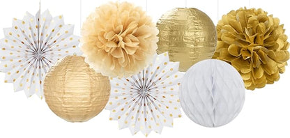 White Gold Party Decorations Streamers - 14pcs Christmas Wedding Engagement Paper Lanterns Fan,Tissue Pom Poms,Honeycomb Balls,Bachelorette Neutral Birthday Baby Bridal Shower Decor Lasting Surprise