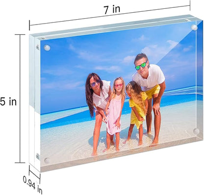 HELPLEX Acrylic Frames, 2 Pack 5x7, 24mm Thicker Frameless Clear Frame, Double Sided Magnetic, Free Standing Desktop Display