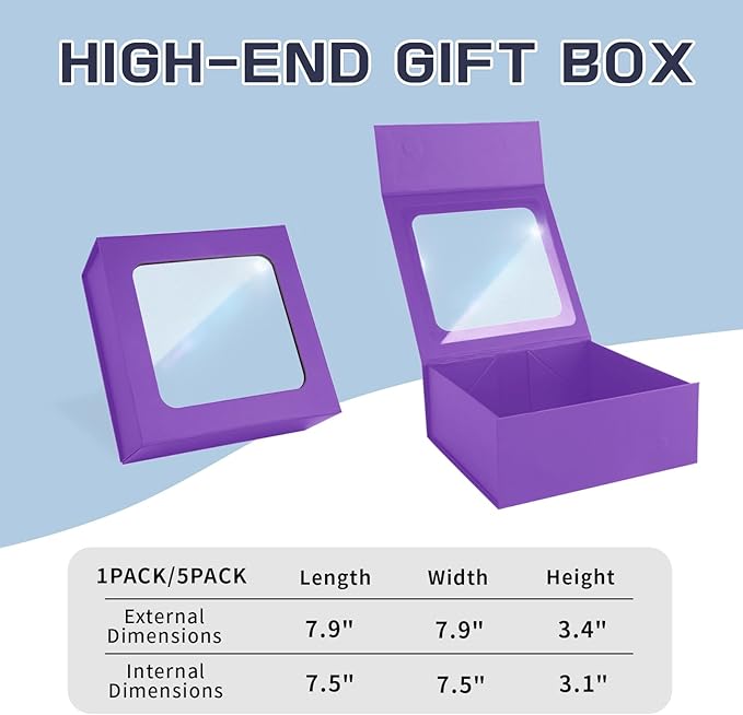 TIACABO Purple Gift Box with Window,7.5"x7.5"x3.1" Bridesmaid Boxe for Gifts Giving,Birthday Gift Boxes with Magnetic,Closure Lid Gifts Boxes for Presents,Cute Box,Luxury for Gift Packaging