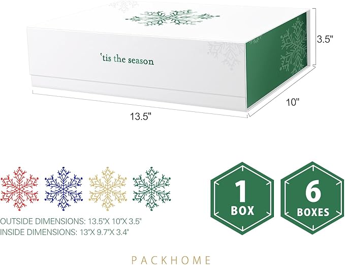 PACKHOME 6 Christmas Gift Boxes 13x9.7x3.4 Inches, Large Gift Boxes with Lids, Sturdy Shirt Boxes with Magnetic Lids for Wrapping Gifts (Green Snowflake Pattern)