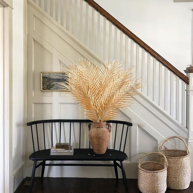 29” Large Gold Palm Leaves Palm Fronds Tropical Leaves Areca Palm Branches Artificial Palm Leaves with Stem Golden Palm Tree Leaves Faux Palm Leaves for Floral Arrangement Fake Gold Leaves 12Pcs