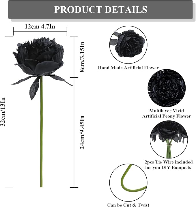 U'Artlines 10 Heads Artificial Peony Silk Flower Leaf Home Office Wedding Party Festival Bar Decor (Black)