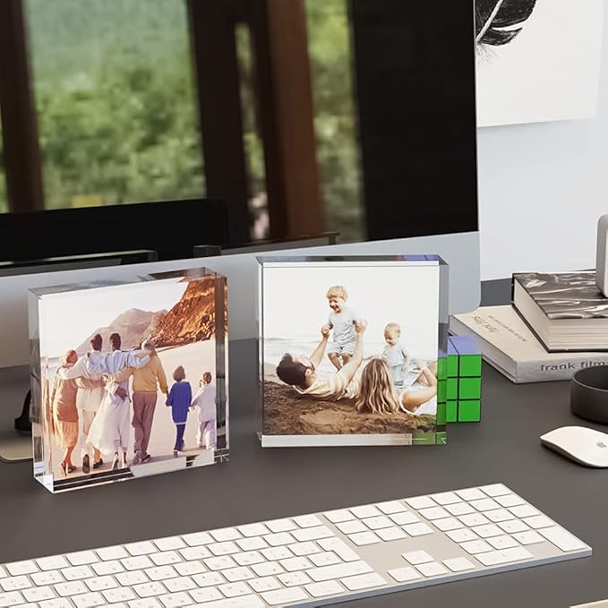 HELPLEX Acrylic Frames, 2 Pack 4x4, 20mm Thicker Frameless Clear Frame, Double Sided Magnetic, Free Standing Desktop Display