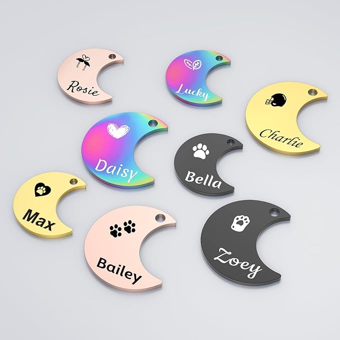 Dog Tags Engraved for Pets - YEHANTI Personalized Dog Tags with Lovely Icons, Durable Stainless Steel Pet ID Tags for Small Large Dogs Cats, Custom Dog Name Tags Engraved on Both Sides (Moon)