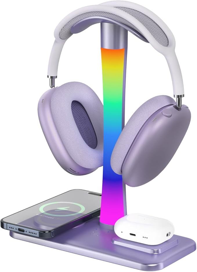Headphone Stand with Wireless Charger,Gaming Headset Stand with RGB Light Mode,Airpod Max Stander Compatible with Airpod Pro/3/2,iPhone 16/15/14/13/12/11,Gifts for Gamers & Music Lover (Purple)