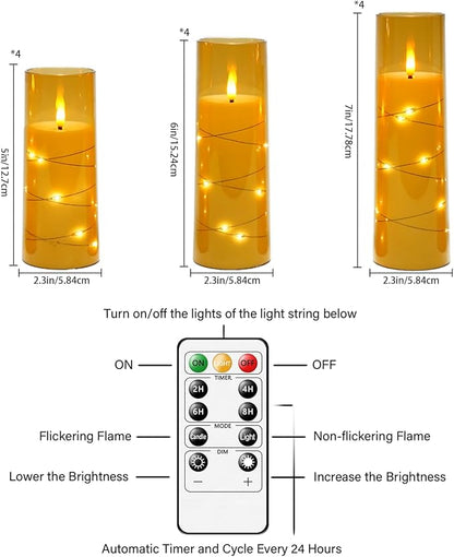 Flameless Candles with Embedded Star String - Battery Operated LED Candles, with Remote,12 Gold Flickering Candles for Christmas, Weddings, Home Decor & Party,(D 2.3"×H 5" 6" 7")