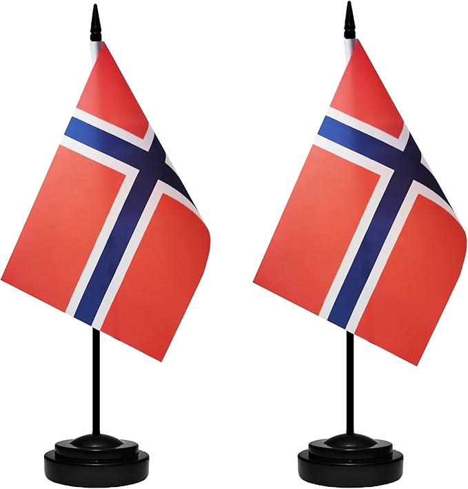 Norway Norwegian Deluxe Desk Flag Set Small Mini Miniature Norway Norwegian Table Desktop Flags With Solid Pole, Black Base and Spear Top(2 Pack)