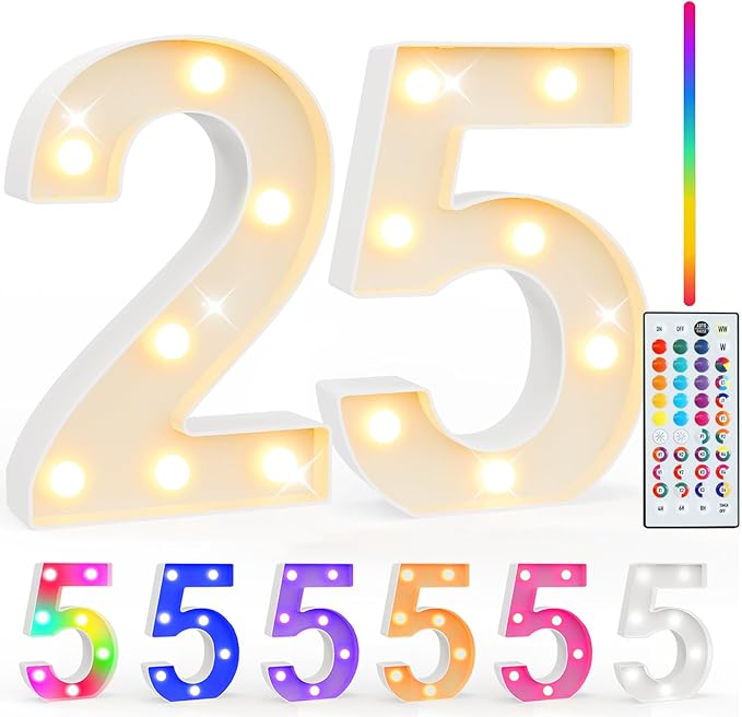 Pooqla 25th Birthday Decorations for Her Him, 35 Colors LED Light Up Numbers with Remote, Multicolor Marquee Numbers for Party Backdrop 25th Anniversary Decor Birthday Gifts for Women, Number 25