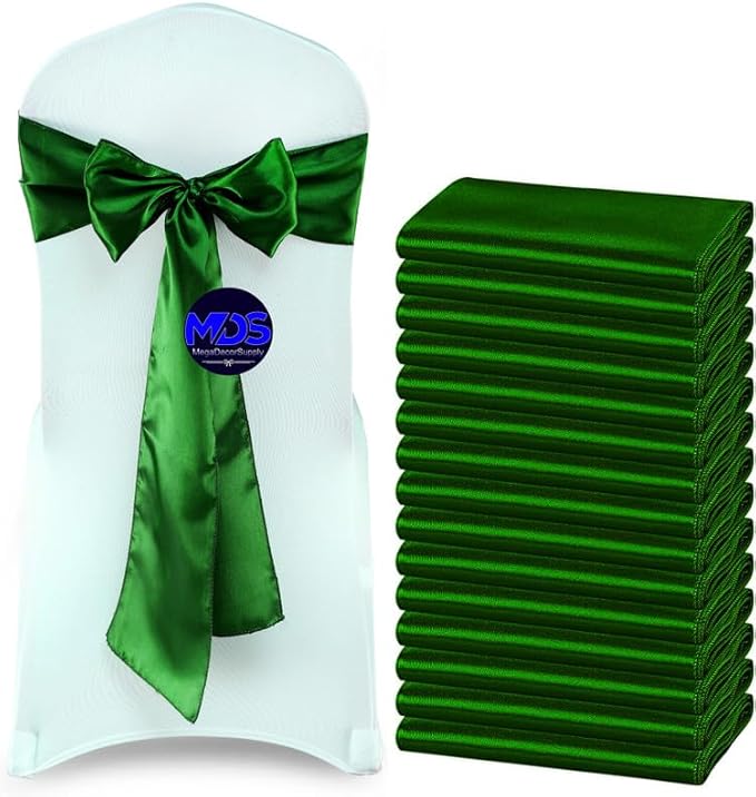 MDS Pack of 300 PCS Satin Chair Sashes Charmeuse Sateen Dining Chair Bows Ribbon Ties Back Sash for Wedding Party Birthday Home Hotel Restaurant Banquet Decoration (7 x 108 Inch, Green)