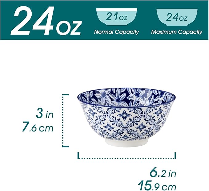 vancasso SELENE 24 oz Cereal Bowls set of 6, Ceramic Soup Bowls for Kitchen, Dishwasher & Microwave Oven Safe- for Cereal, Soup, Pasta, Salad, Blue & White Floral Design Bowl Set