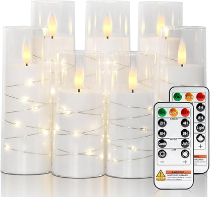 Raycare Flameless Candle with Remote Timer, 7 Flickering Acrylic Battery Operated LED Pillar Candles with Embedded Star String for Halloween, Home Decor, and as a Gift(White)
