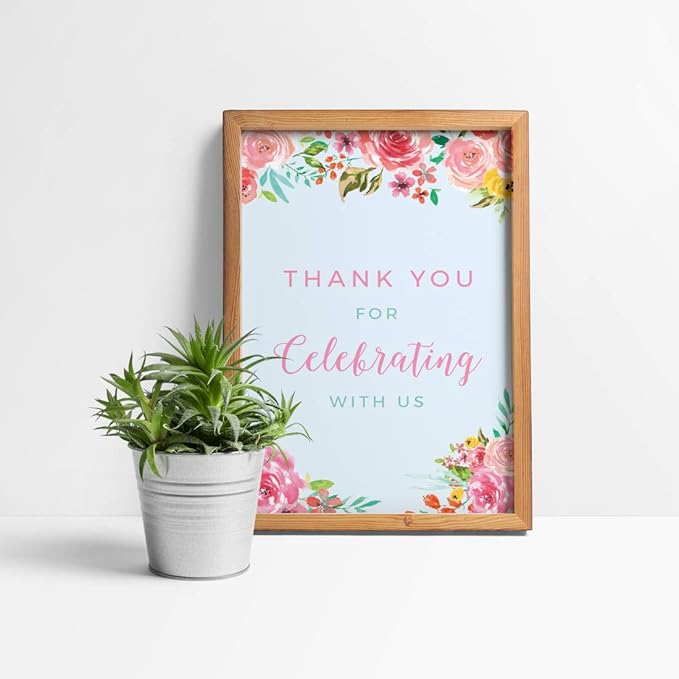 Andaz Press Extra Large Wedding Easel Board Party Sign, 12x18-inch, Tea Party Pink Roses on Baby Blue, Thank You for Celebrating With Us, 1-Pack
