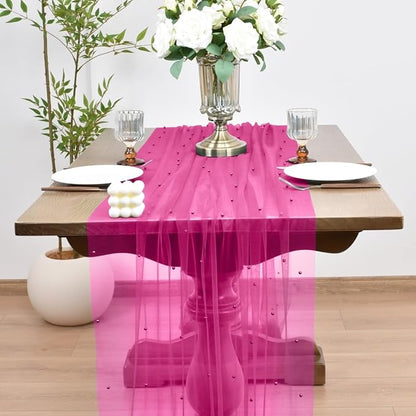 Joanlody Fall Fuschia Pearl Table Runner 10ft Rustic Boho Tulle Table Runner with Pearls for Baby Shower Wedding Party Veil Dessert Thanksgiving Table Decor Hot Pink
