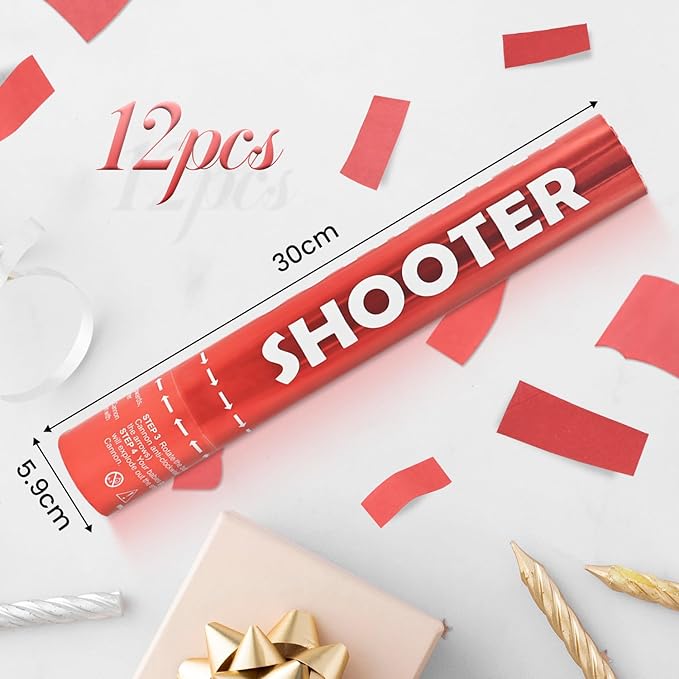 12 Pack Red Biodegradable Confetti Cannon-Confetti Poppers for Wedding, Graduation, Birthday, New Year's Eve Celebration Valentines Day Wedding Engagement Anniversary Bridal Shower Party Supplies