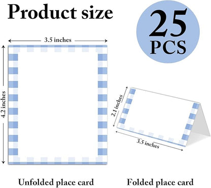 25 Pack Blue Border Place Cards, Editable Name Cards for Table Setting, Tent Cards Food Label for Dinner Party, Bridal Shower, Wedding, Baby Shower and Events -T02