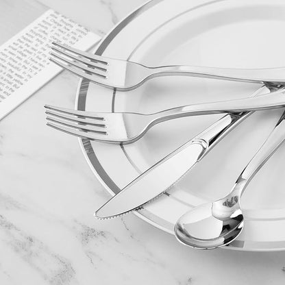 BESTVIP 50 Pack Pre Rolled Silver Plastic Silverware Set, Disposable Wrapped Cutlery Set with 50 Napkins, 50 Knives, 50 Forks and 50 Spoons for Party, Birthday