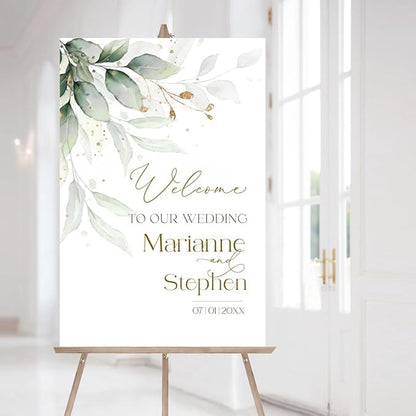 Welcome To Our Wedding Sign, Welcome To Our Wedding Sign With Stand, Sage Wedding Welcome Sign Greenery Gold Welcome Poster | Eucalyptus Wedding Board
