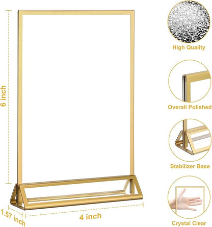 EHWINE 12 Pack Acrylic Sign Holder 4 x 6, Double Sided Gold Picture Frame Stand up Table Top Sign Holders, Clear Display Stand Menu Flyer Holder for Wedding Party