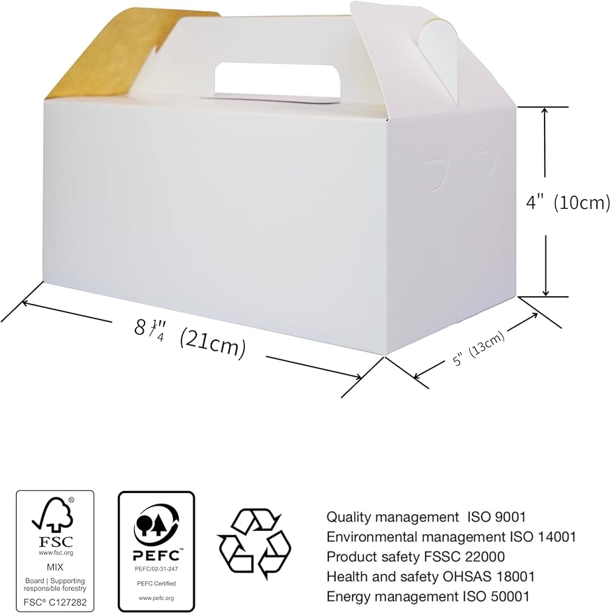 PandaPandaPPS 50 Pack White Gable Boxes (8.25"×5"×4") for Foods, Gifts and Party Favors, Goodie Gift Boxes Treat Boxes for Birthday Party, Wedding, Baby Shower