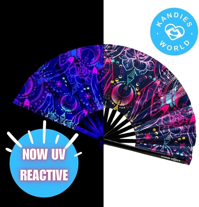 Kandies World UV Reactive Custom Festival Folding Hand Fan - Unique Designs, Made of Bamboo, Clacking Sound, Lightweight - Perfect Rave and Festival Accessory!