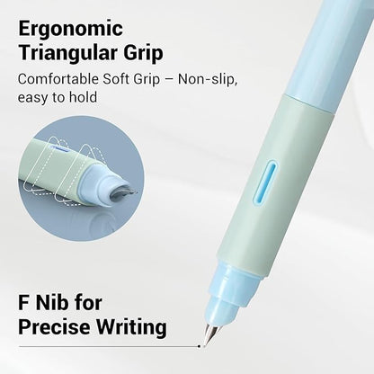 WRITECH Soft Grip Fountain Pen: Black Ink Fine Nib Pen with 1 Replacement Nib Set and 3 Ink Cartridges Smooth Writing for Calligraphy Journaling Gift (Blue)