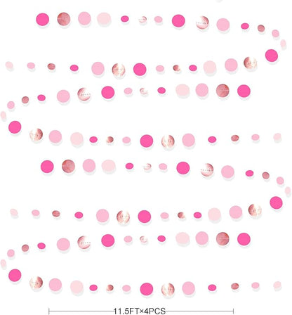 Hot Pink Rose Gold Party Decorations Circle Dots Garland Hanging Polka Dot Streamer for Girls Birthday Bachelorette Baby Shower Wedding Bridal Shower Anniversary Hen Party Supplies