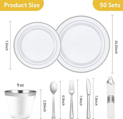 Goodluck 350 Piece Silver Plastic Dinnerware Set for 50 Guests, Fancy Disposable Plates for Party, Include: 50 Dinner Plates, 50 Dessert Plates, 50 Pre Rolled Napkins with Silver Silverware, 50 Cups