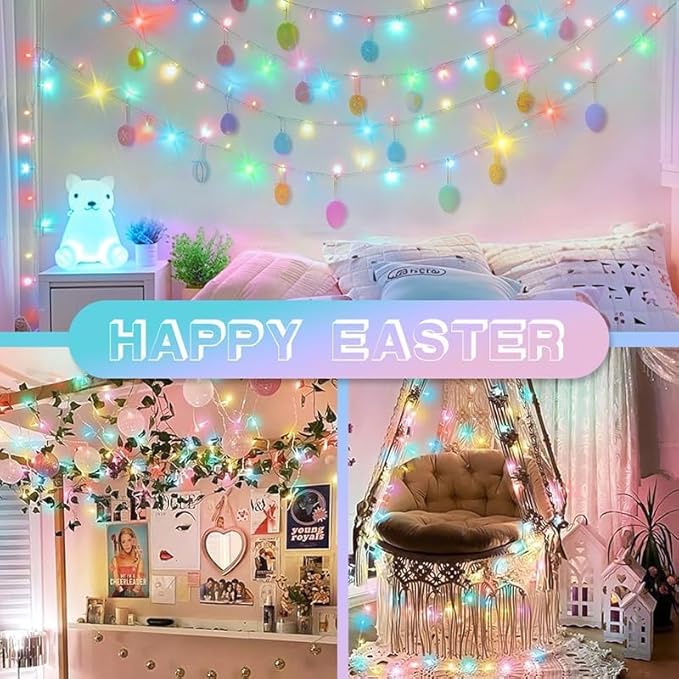 LAMPHOME Colorful String Lights, 66 ft 200 LED Pastel Easter Lights 11 Modes Plug in,transparant Wire Twinkle Fairy Lights for Spring Bedroom(Lighted up in Pink Red Yellow Blue Green Color)