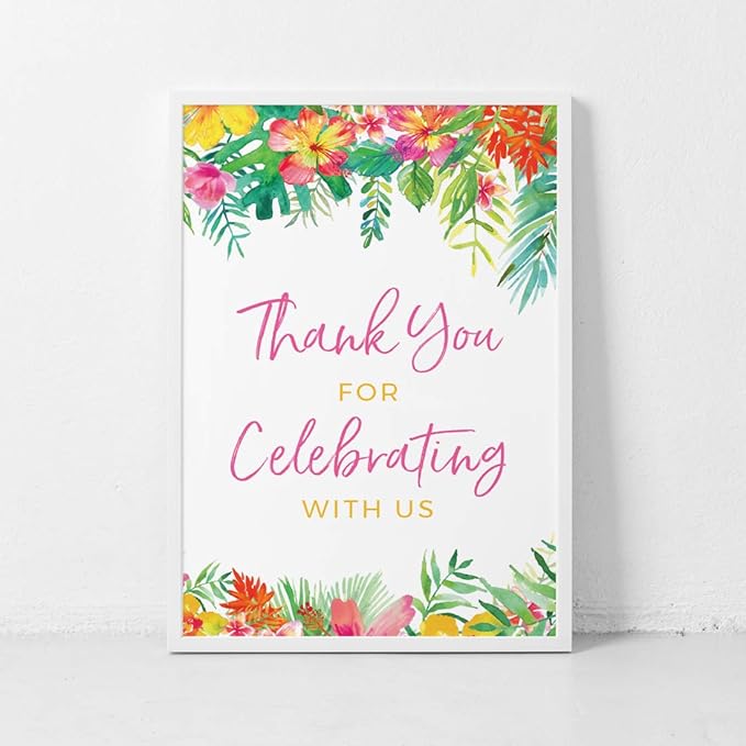 Andaz Press Extra Large Wedding Easel Board Party Sign, 12x18-inch, Tropical Leaves Plants Flowers, Thank You for Celebrating With Us, 1-Pack