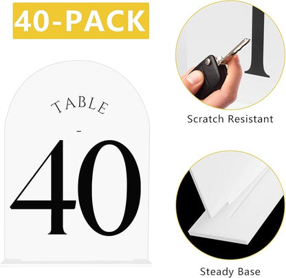 JOYIT Arch Wedding Table Numbers 1-40 with Stands – Double-Sided Printed 5" X 7" Acrylic Signs with White Background Black Text, Perfect Acrylic Table Numbers for Wedding Receptions, Parties, Anniversaries, and Events