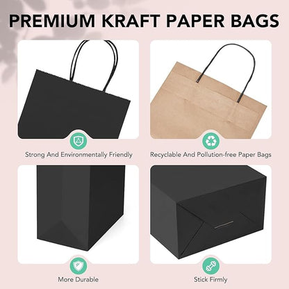 METRONIC Kraft Paper Gift Bags with Handles 8x4.75x10.5 Inch 12000 Pack | Christmas, Birthday Party Favors, Retail Shopping, Small Business Bulk | Black Gift Wrap Bag