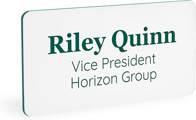 ExcelMark Custom Name Tag - Engraved Name Badge with Pin or Magnetic Backing, 16 Colors, 6 Fonts, and 2 Sizes to Choose from (White w/Pine Green Letters, 1.5"x 3")