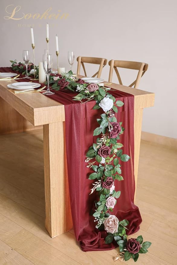 Lookein Artificial Rose Flower Garland Greenery Garland 5FT for Wedding Ceremony Backdrop Arch Flowers Table Centerpieces Decorations, Burgundy