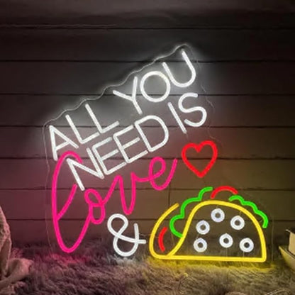 All You Need Is Love & Taco Custom Mexican Restaurant LED Neon Sign Night Light Home Wall Decor For Tacos Party Fast Food Coffee Decoration Size:18x19inches