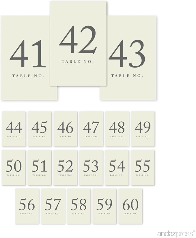Andaz Press Ivory Wedding Table Numbers 41-60, 4x6-Inches Table Number Cards For Wedding Reception, Table Number For Seating Chart For Wedding Reception, Restaurant, Classroom, Boda