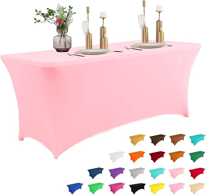 IVAPUPU 8FT Table Cloth for Rectangular Fitted Events Stretch Pink Table Covers Washable Cover Spandex Tablecloth Protector for Party, Wedding, Cocktail, Banquet, Festival