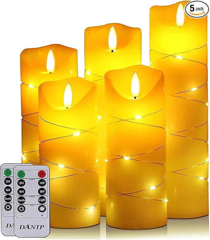 LED flameless Candle, with Embedded Starlight String,（ danip)5-Piece LED Candle, with 10-Key Remote Control, 24-Hour Timer Function, Dancing Flame, Real Wax, Battery-Powered. (Ivory White)
