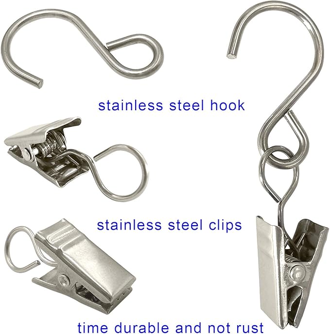 Stainless Steel S Hooks Curtain Clips, 50 Pack Hanging Party Lights Clips, Hangers Gutter Photo, Art Craft Display, 2.4 Inch Long, Silver