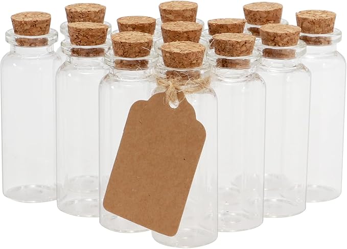 50 Pcs 20ml Mini Glass Bottles with Cork Stoppers, 29x64mm DIY Decoration Tiny Glass Jars, Mini Vials Cork, Message Wishing Bottle with Label Tags and String for Arts Crafts, Decoration, Party Favors