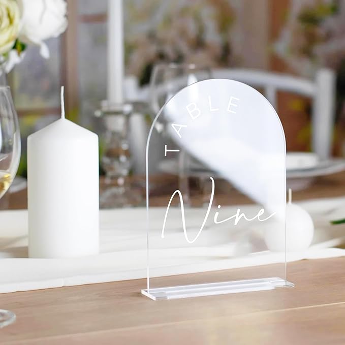 JINMURY Clear Arch Wedding Table Numbers 1-10 with Stands, 5x7 Inch Acrylic Arch Sign with White Lettering, Clear Acrylic Table Numbers for Wedding Reception